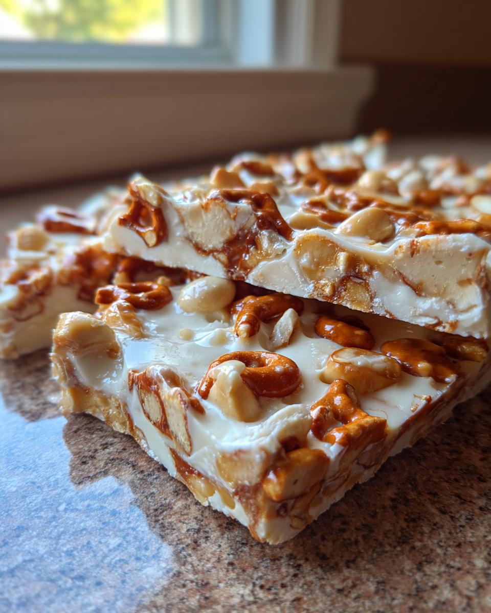 Two stacked slices of homemade peanut butter pretzel bark showing white chocolate, peanuts, and broken pretzels.
