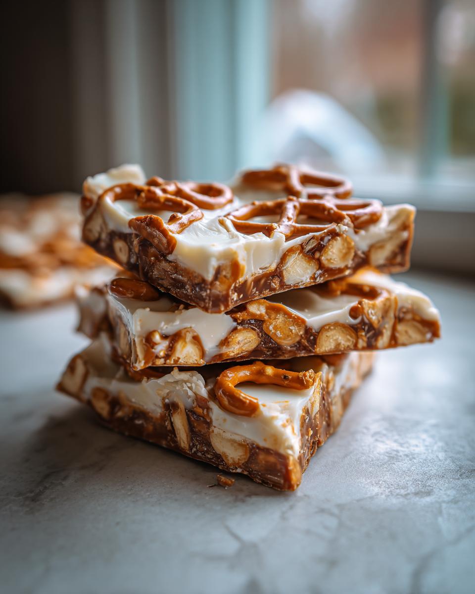 Three stacked squares of rich peanut butter pretzel bark featuring white chocolate topping and visible pretzel pieces.