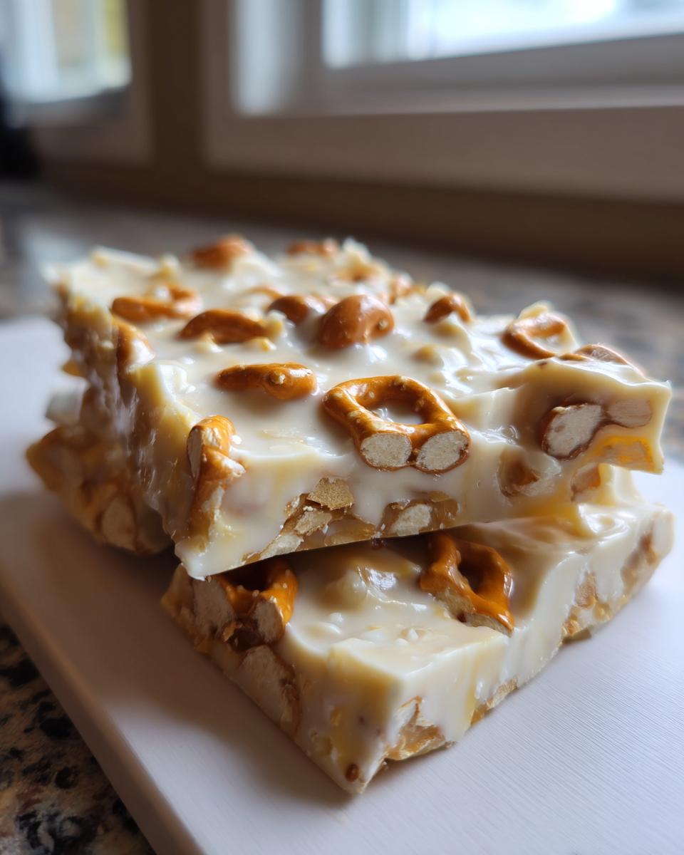 Two stacked squares of homemade peanut butter pretzel bark, featuring white chocolate coating and whole mini pretzels.
