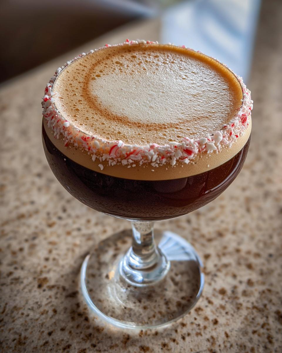 Close-up of a Peppermint Espresso Martini with a thick layer of crema and a crushed candy cane rim.