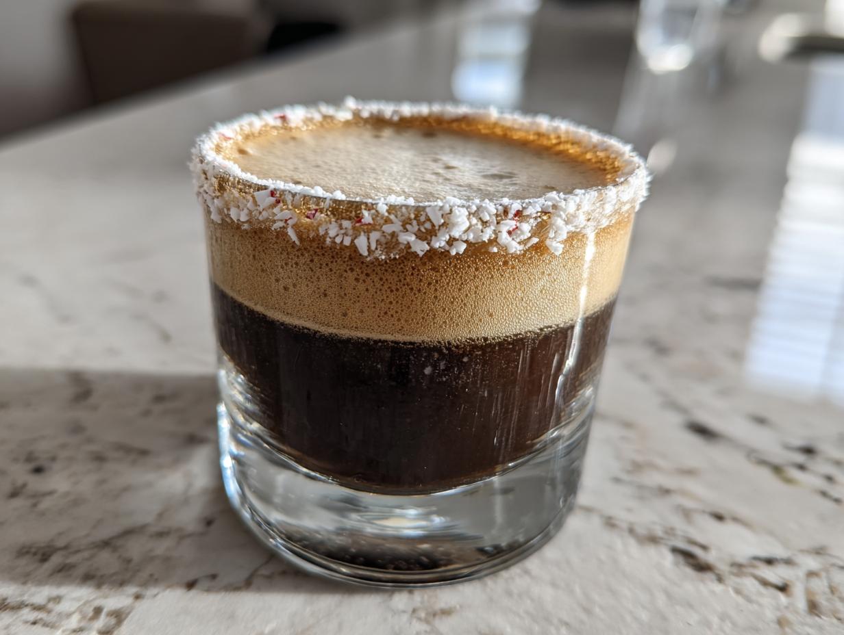 A close-up of a peppermint espresso martini in a rocks glass with a crushed candy cane rim.