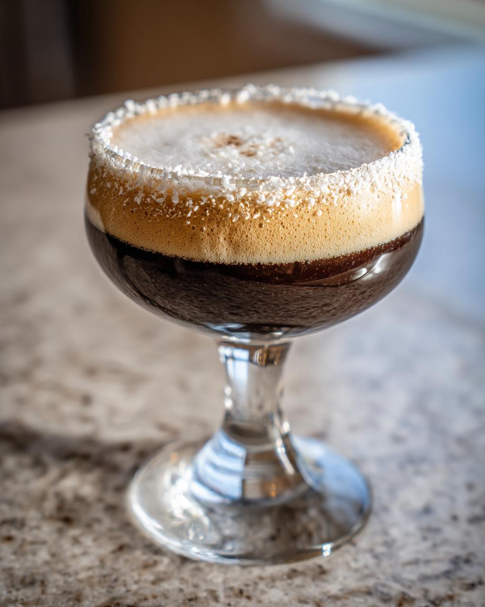 A close-up of a rich, dark peppermint espresso martini with thick foam and a shredded coconut rim.