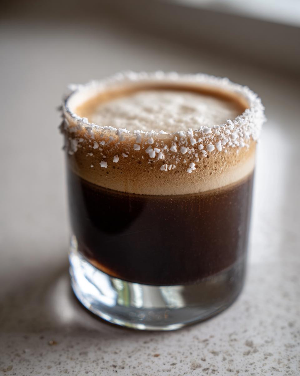 A close-up of a dark peppermint espresso martini in a glass with a thick, white sugar rim.