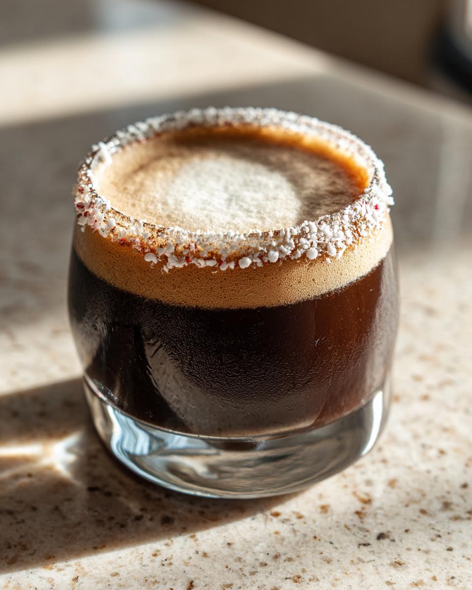 Close-up of a chilled peppermint espresso martini with a thick layer of foam and a crushed peppermint rim.