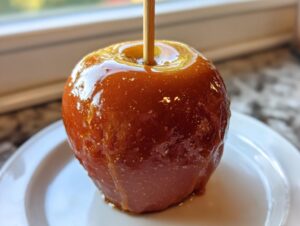 Close-up of a glossy, homemade caramel apples on a stick, resting on a white plate.