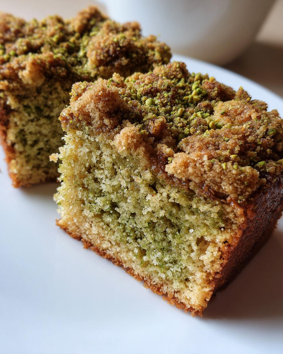 Two slices of moist pistachio coffee cake with a brown sugar crumb topping sprinkled with chopped pistachios.