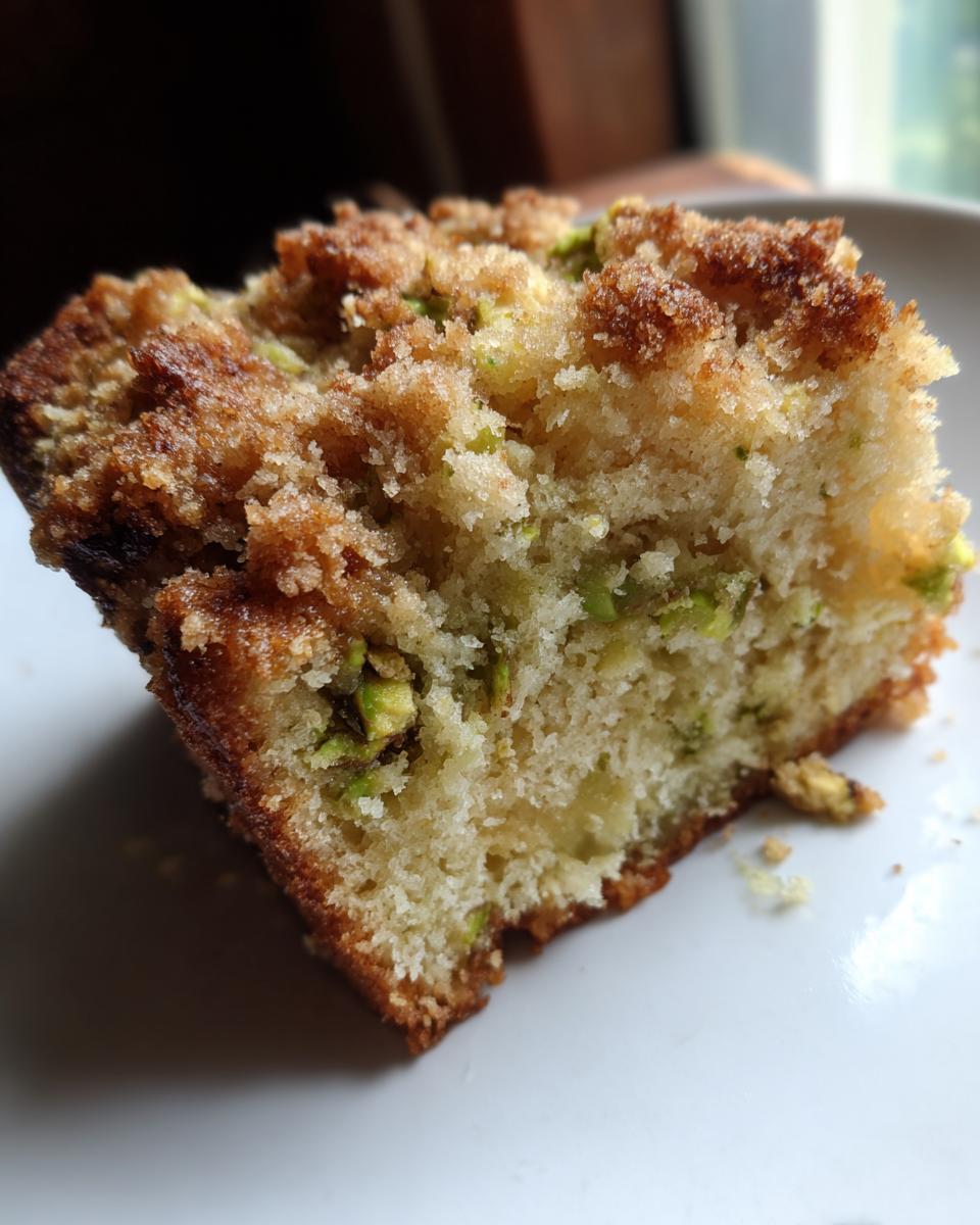 A close-up cross-section of a moist pistachio coffee cake slice showing green pistachio pieces and a crunchy brown streusel topping.