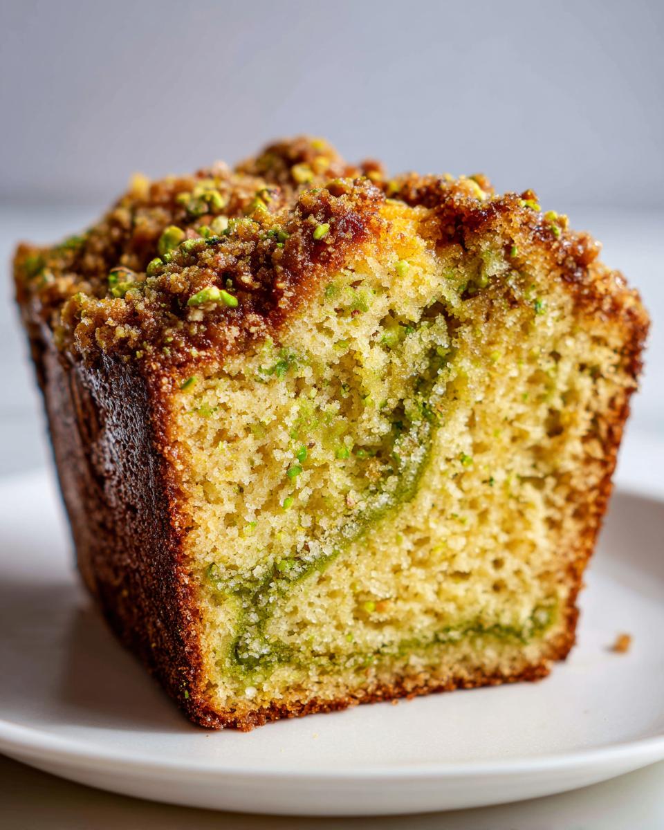 Close-up of a slice of moist pistachio coffee cake showing a green swirl filling and crunchy streusel topping.