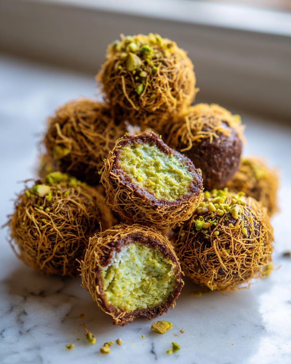 A stack of rich Dubai chocolate balls coated in crispy kataifi pastry and topped with pistachios, one is cut open showing the green filling.