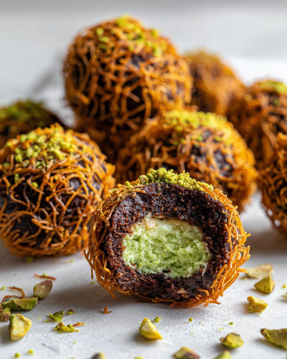Close-up of a cross-section of one of the Dubai chocolate balls showing a dark chocolate exterior wrapped in crispy vermicelli and a bright green pistachio filling.