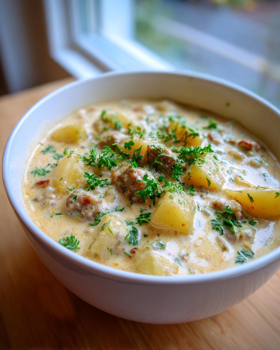 Close-up of a hearty bowl of potato and sausage chowder, garnished with fresh parsley.