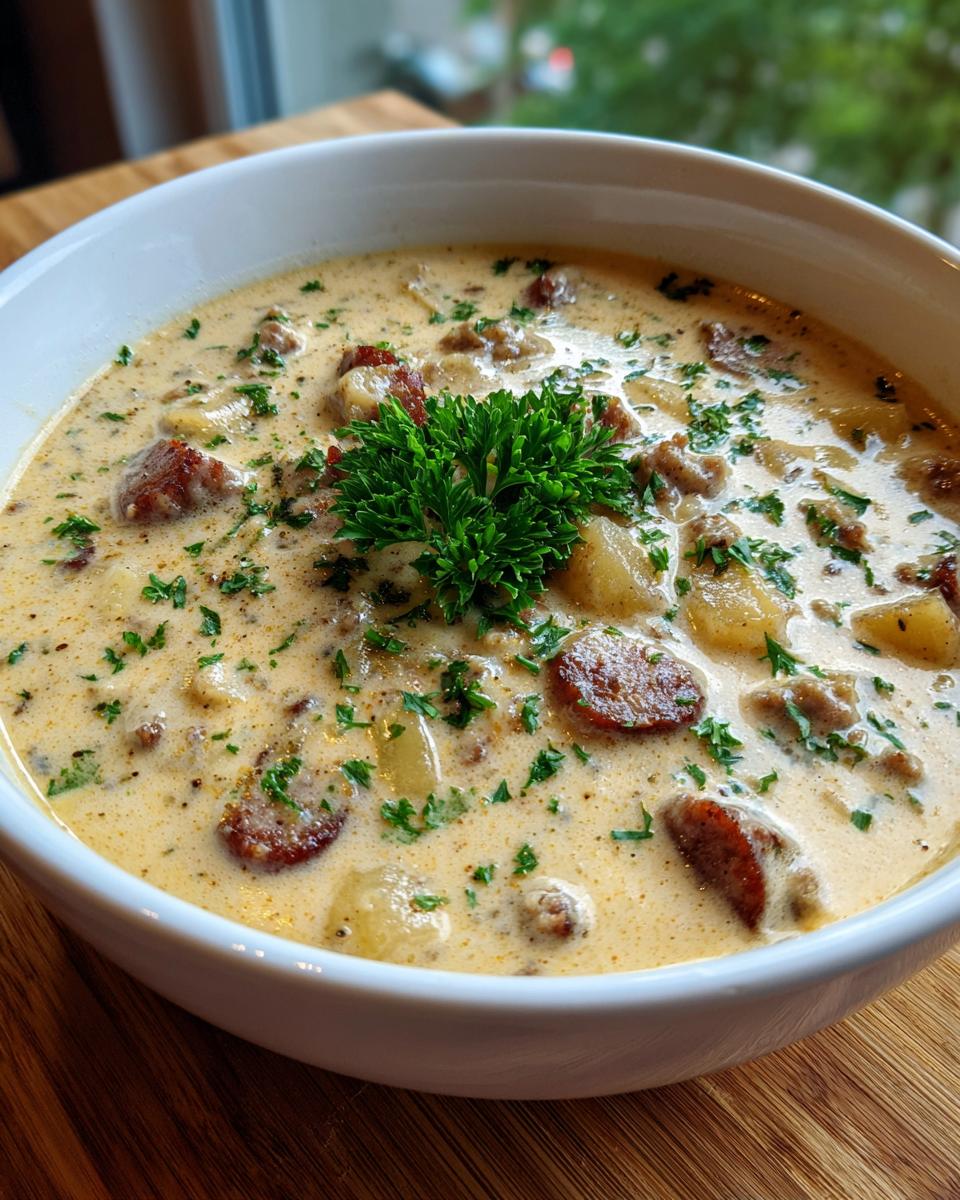Close-up of a rich, creamy potato and sausage chowder topped with fresh parsley in a white bowl.