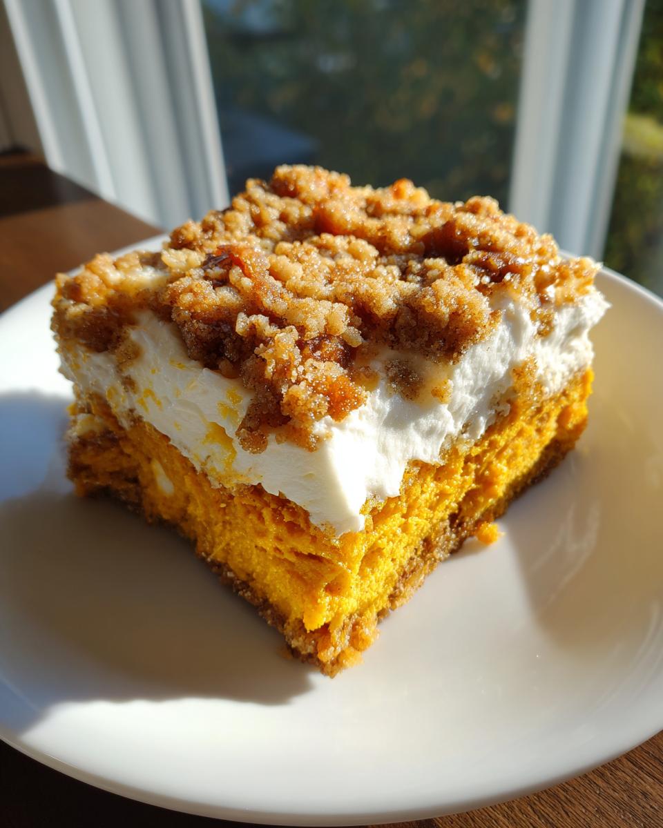 A rich, layered slice of pumpkin crunch dessert featuring a bright orange pumpkin layer, white topping, and brown streusel.