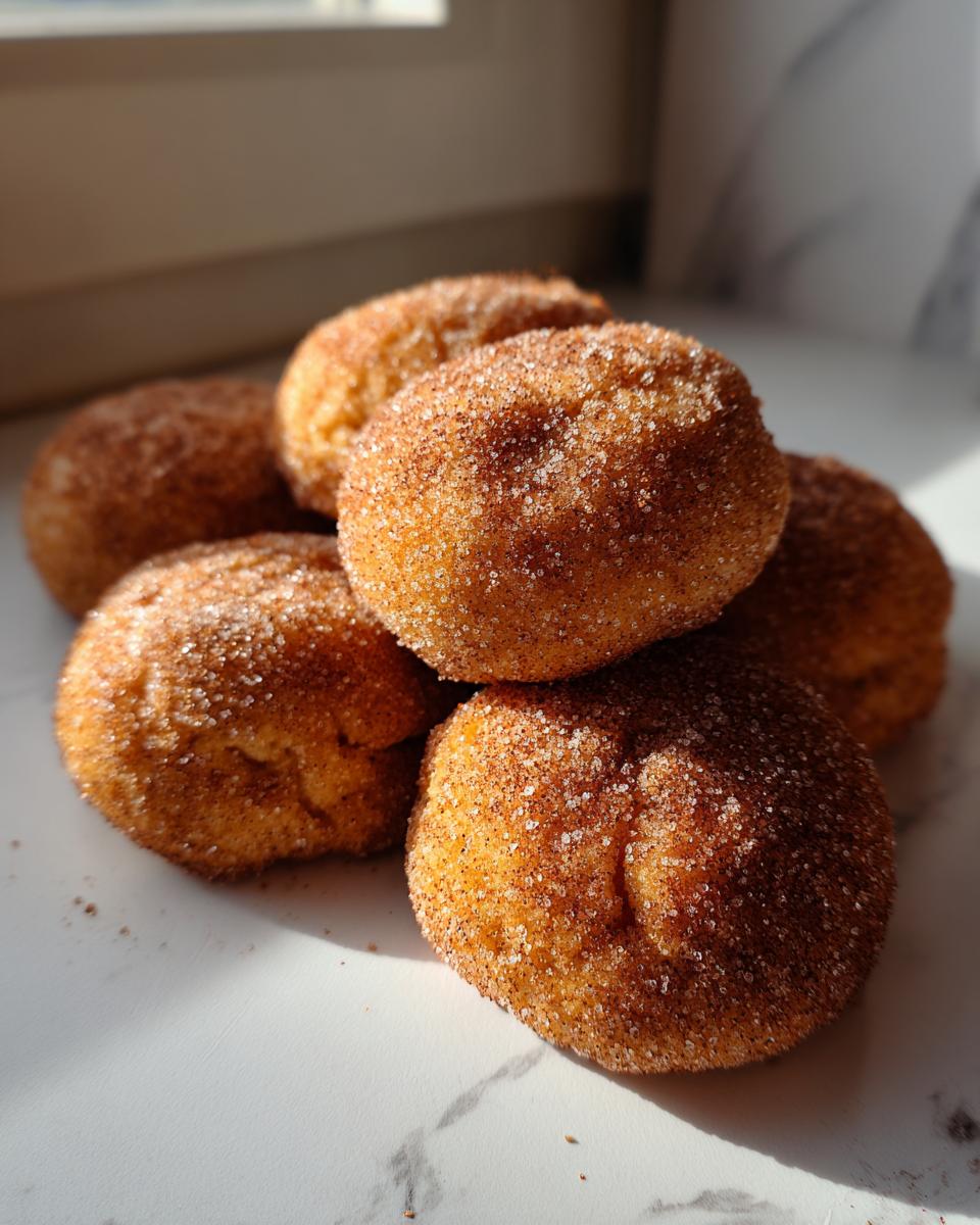 A small pile of freshly baked pumpkin snickerdoodle cookies coated heavily in cinnamon sugar.