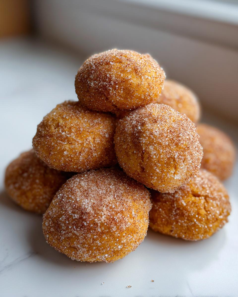 A close-up stack of soft, round pumpkin snickerdoodle cookies heavily coated in cinnamon sugar.