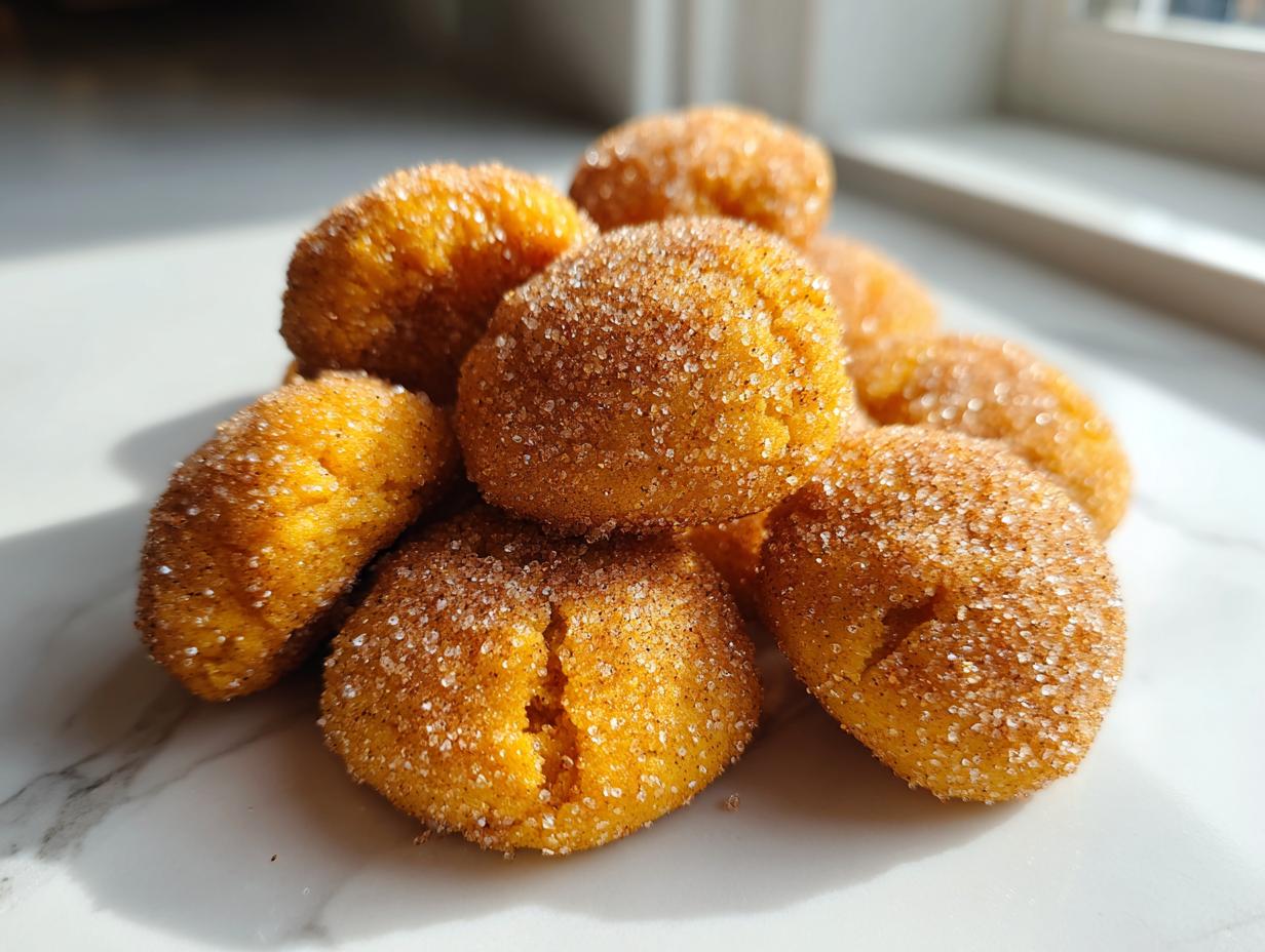 A pile of freshly baked pumpkin snickerdoodle cookies coated in cinnamon sugar.