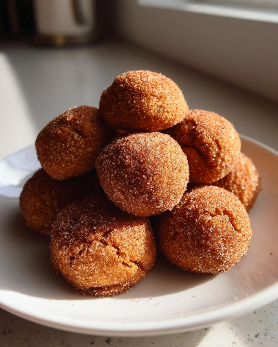 A stack of freshly baked pumpkin snickerdoodle cookies coated in cinnamon sugar on a white plate.