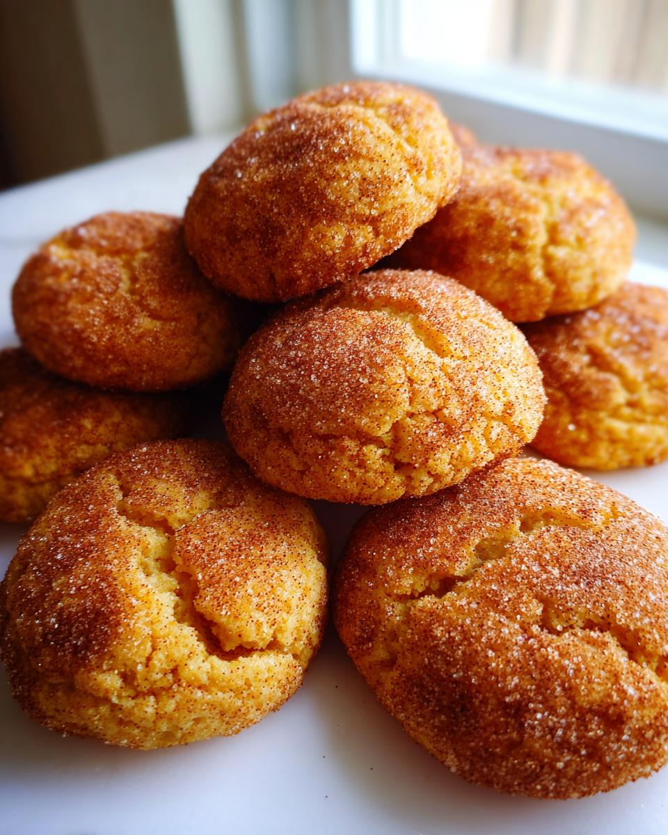 A close-up stack of soft, golden pumpkin snickerdoodle cookies coated generously in cinnamon sugar.
