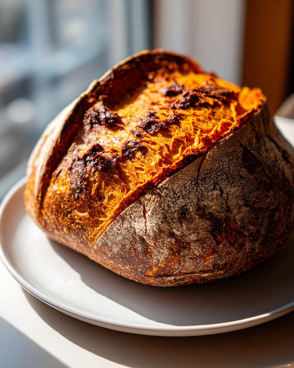 A perfectly baked, rustic pumpkin sourdough loaf with a deep orange interior showing through the dark, scored crust.