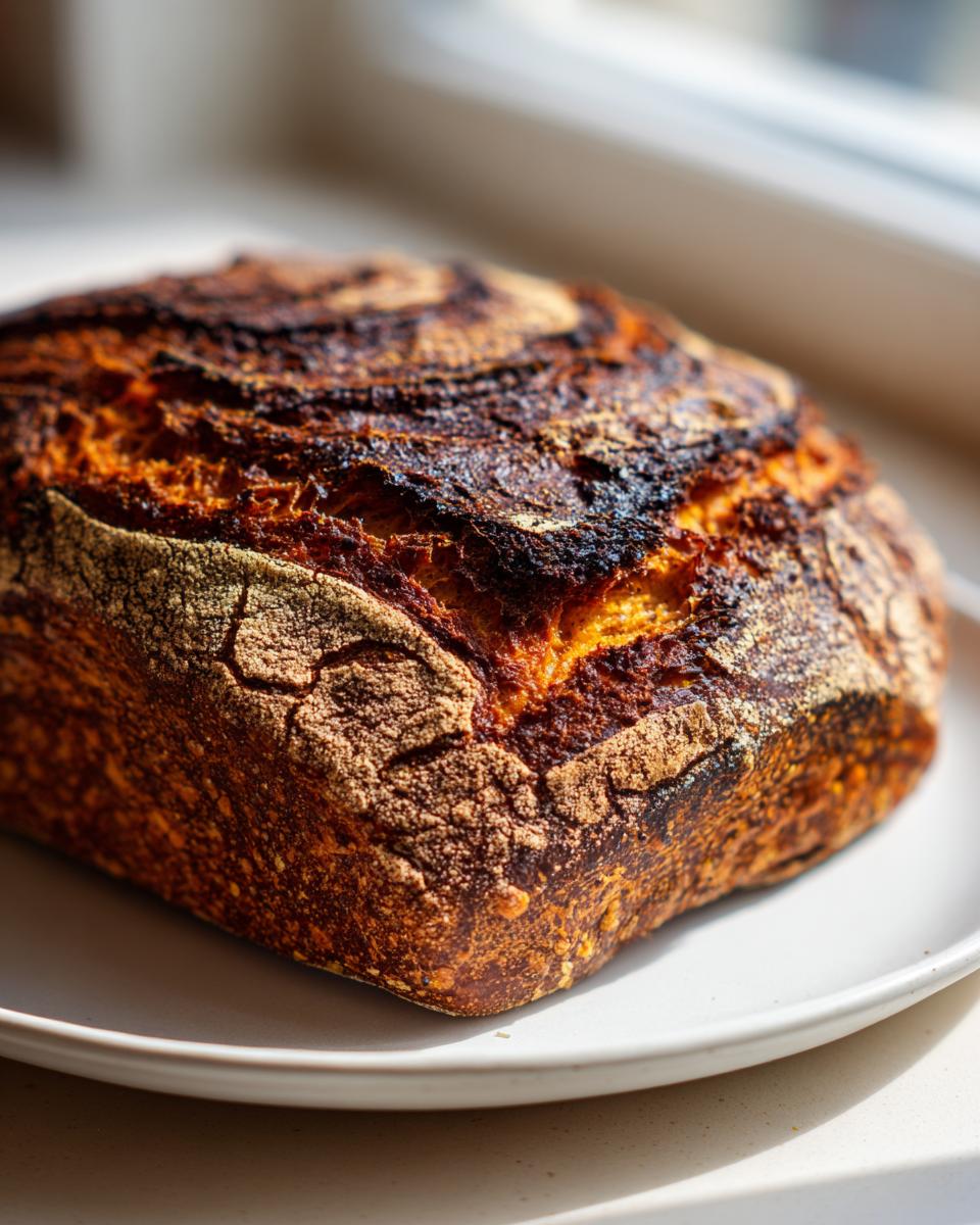 Close-up of a beautifully baked pumpkin sourdough loaf with a dark, rustic, and deeply scored crust.