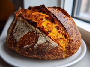 A rustic, deeply browned pumpkin sourdough loaf with a vibrant orange interior visible through the ear.