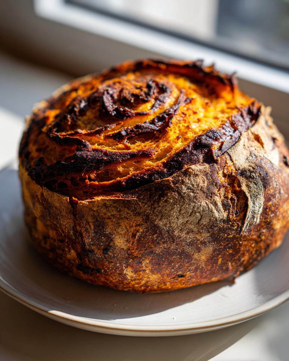 A rustic, round pumpkin sourdough loaf with a deeply caramelized, dark, and swirled crust sitting on a light plate.
