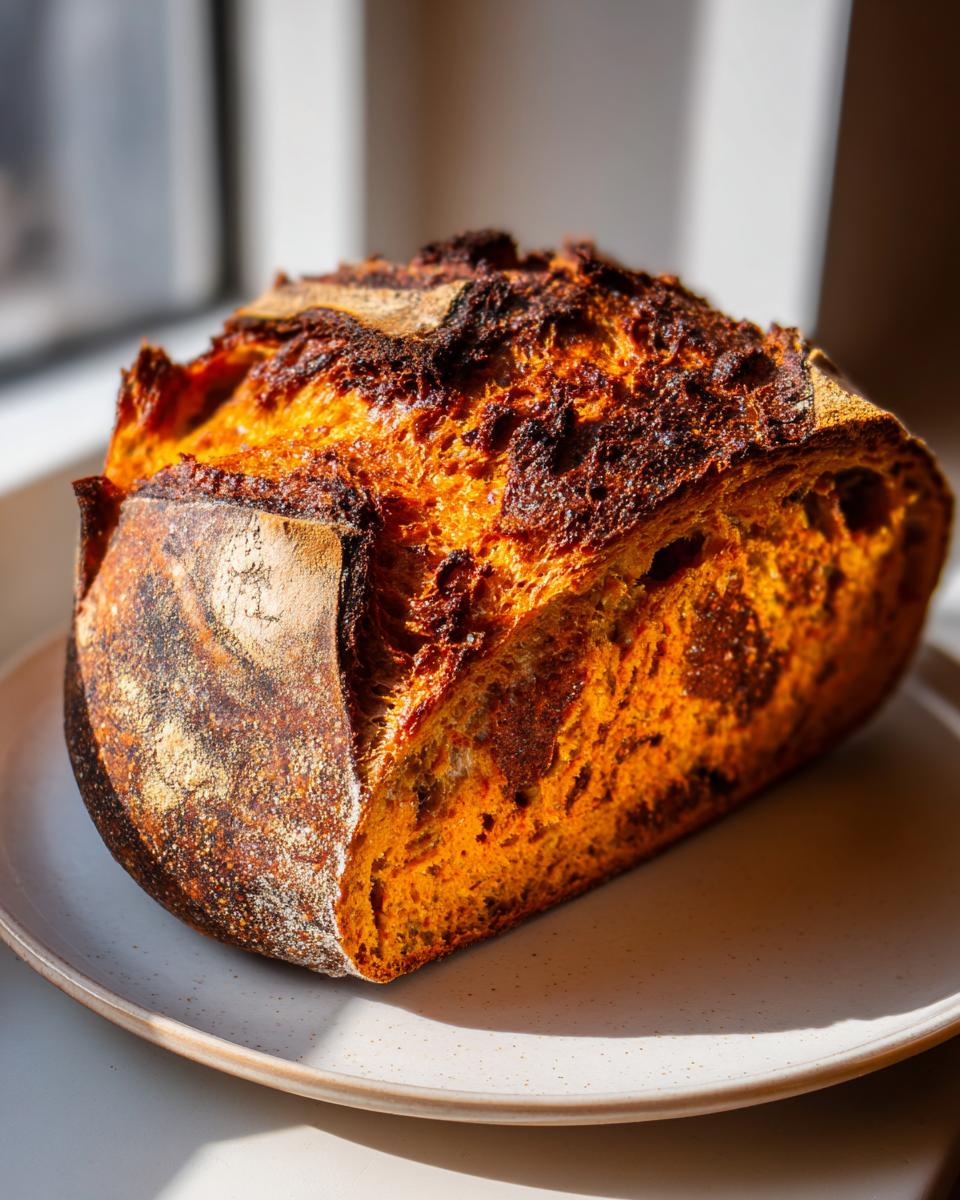 A rustic, deeply caramelized pumpkin sourdough loaf resting on a light-colored plate, showing its vibrant orange crumb.