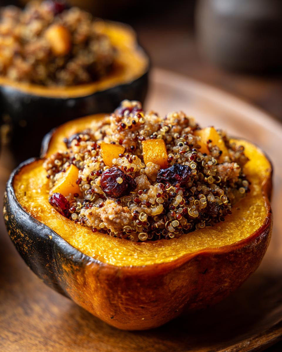 Close-up of a roasted acorn squash half filled with savory quinoa stuffing, dried cranberries, and diced fruit, showcasing the vibrant colors of the stuffed acorn squash.