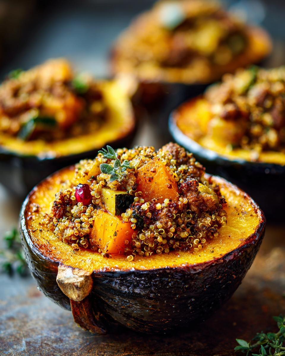 A close-up of a roasted acorn squash half filled with a savory quinoa and vegetable stuffing, perfect for stuffed acorn squash recipes.