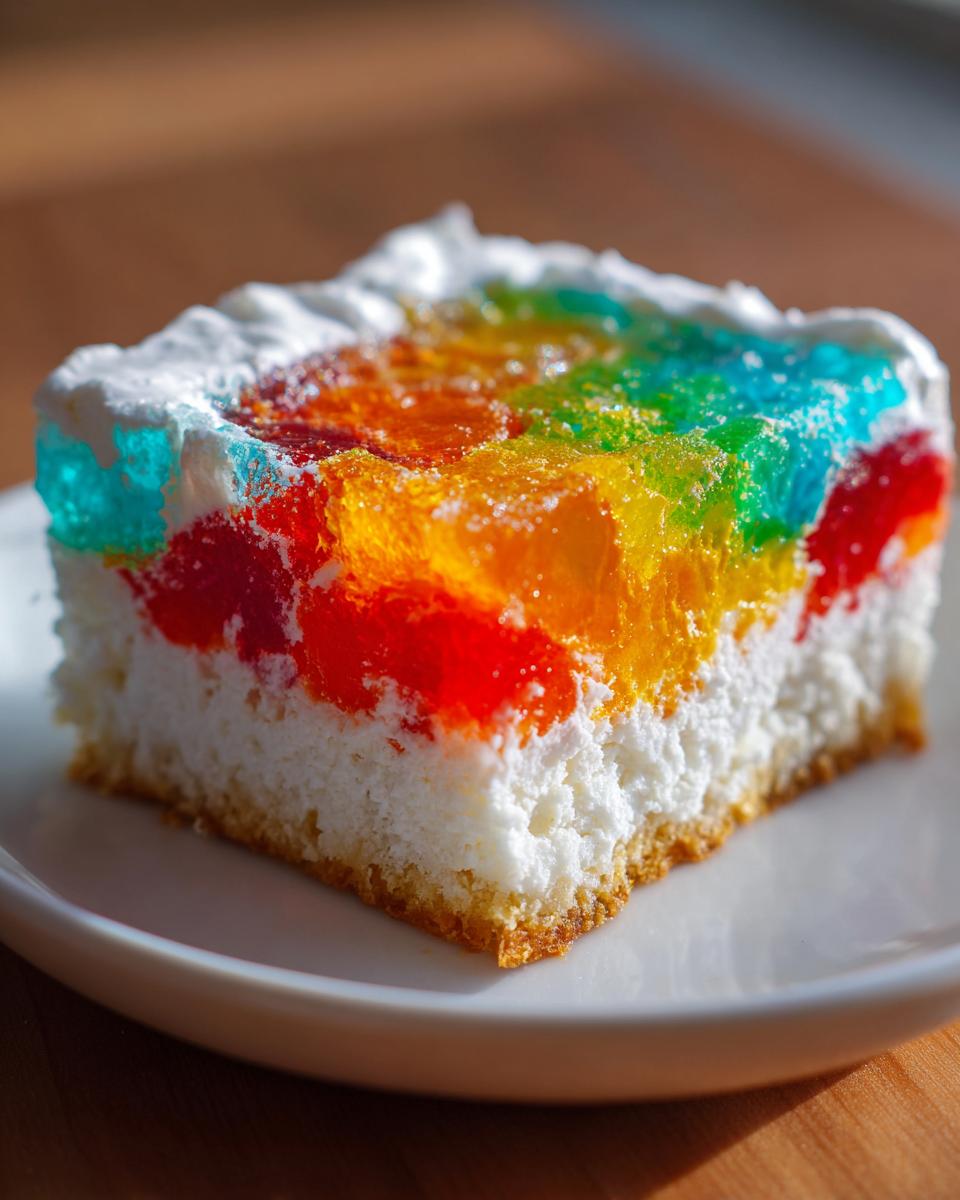 Close-up of a slice of rainbow jello poke cake showing colorful gelatin layers over white cake and topping.