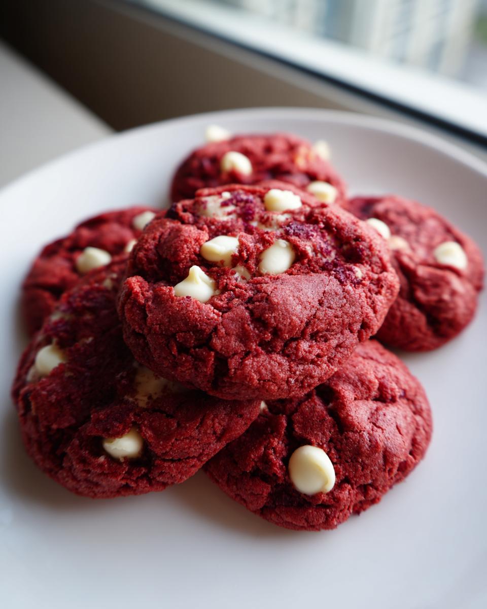A stack of vibrant red velvet cake mix cookies studded with white chocolate chips resting on a white plate.