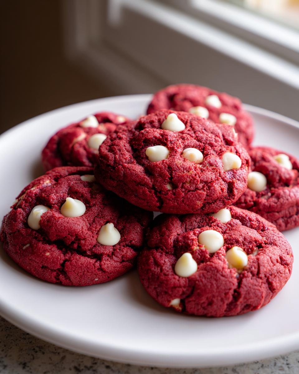A stack of five rich, red velvet cake mix cookies studded with white chocolate chips, resting on a white plate.
