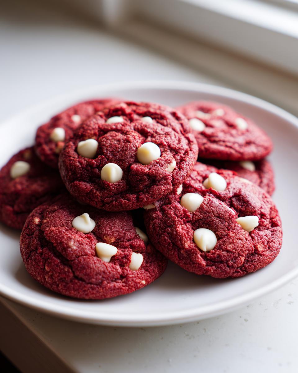 A stack of vibrant red velvet cake mix cookies studded with white chocolate chips on a white plate.