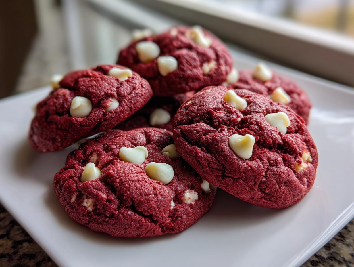 A stack of vibrant red velvet cake mix cookies studded with white chocolate chips, resting on a white plate.