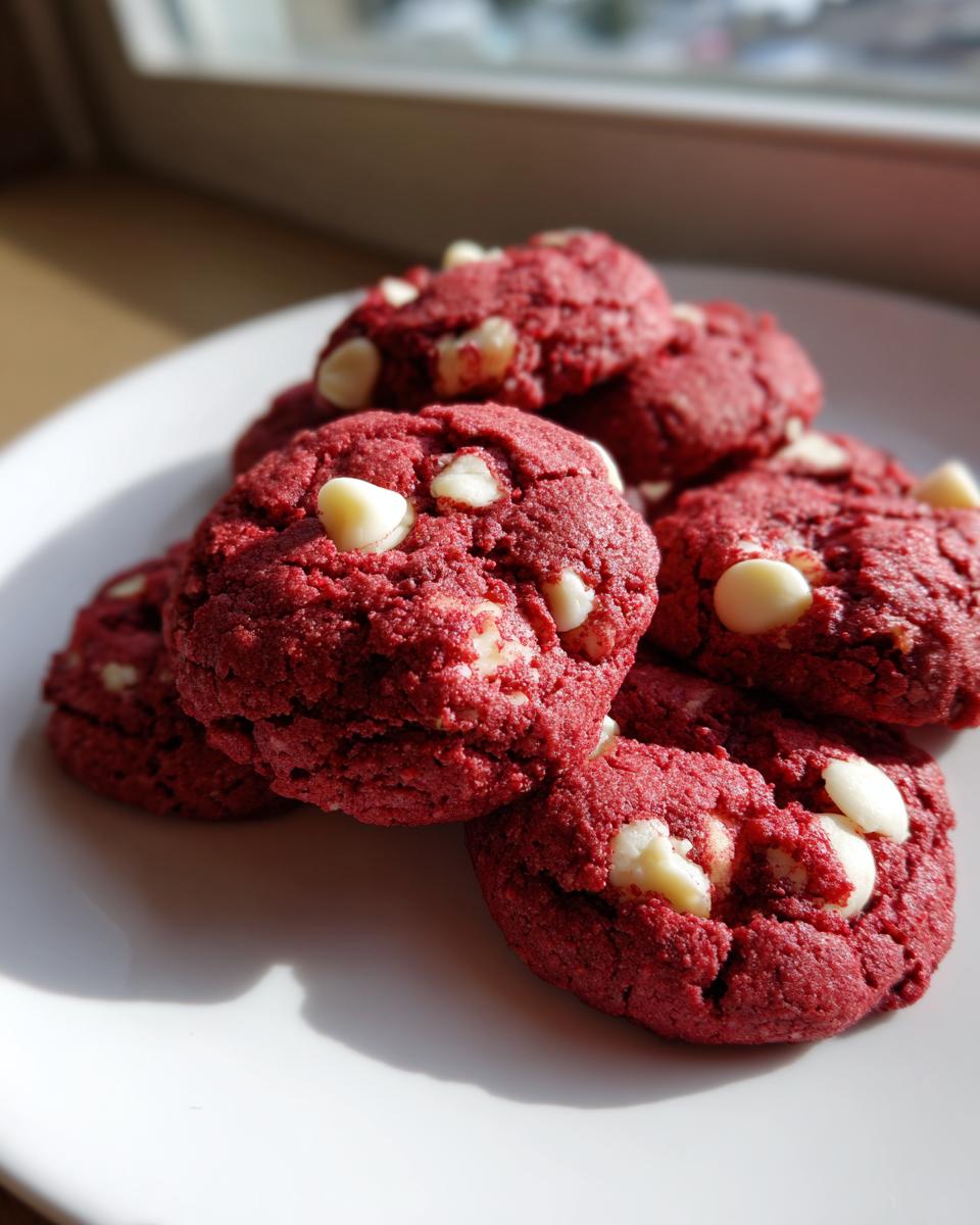 A close-up stack of bright red velvet cake mix cookies studded with white chocolate chips on a white plate.