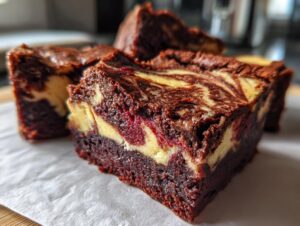 Close-up of rich, fudgy red velvet cheesecake brownies showing a marbled swirl and chunks of red fruit.
