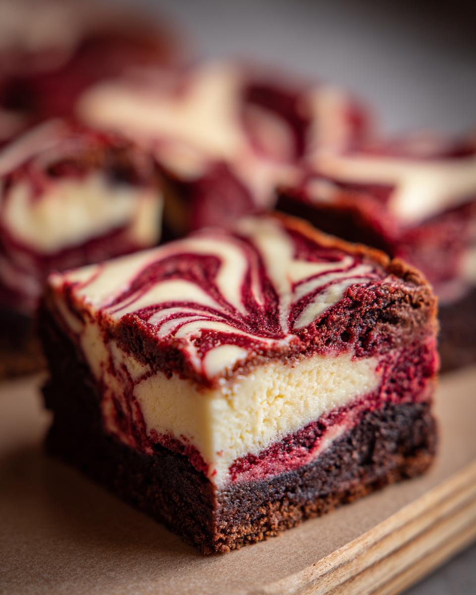 A decadent square of red velvet cheesecake brownies showing a dark chocolate base and a thick, marbled red and cream cheesecake topping.