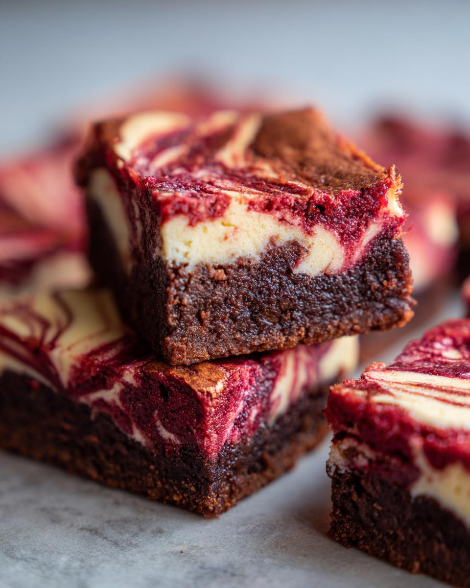 Two stacked squares of rich red velvet cheesecake brownies showing the dark chocolate base and marbled red and cream topping.