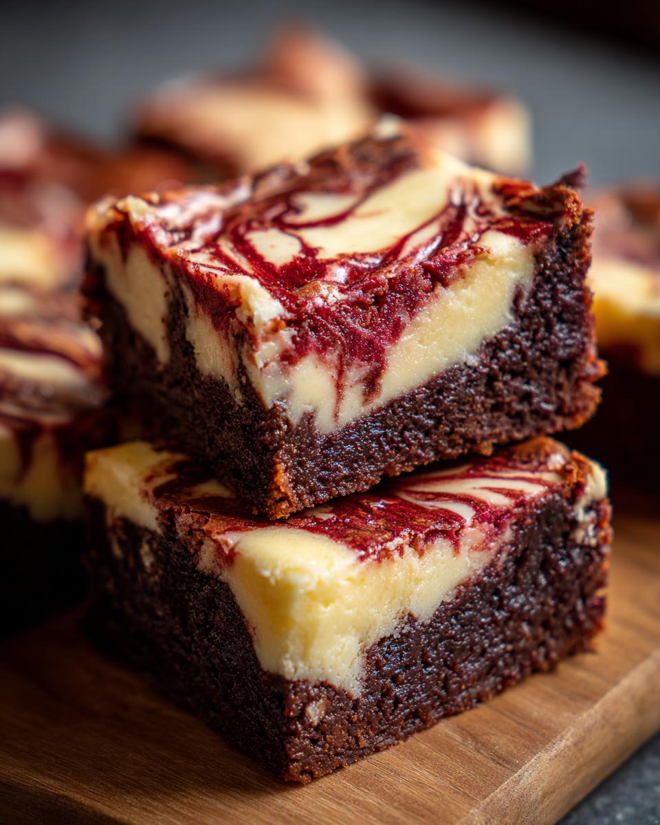 Two stacked squares of rich red velvet cheesecake brownies with marbled cream cheese topping.