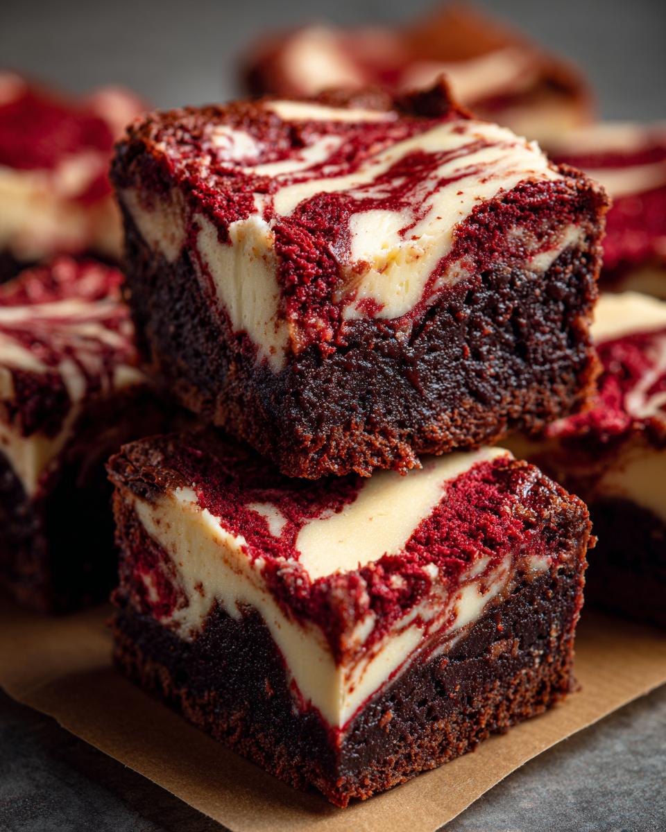 Two stacked, decadent red velvet cheesecake brownies showing rich chocolate base and marbled cream cheese topping.