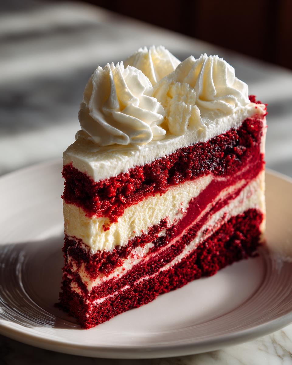 A tall slice of layered red velvet cheesecake topped with swirls of white cream cheese frosting.