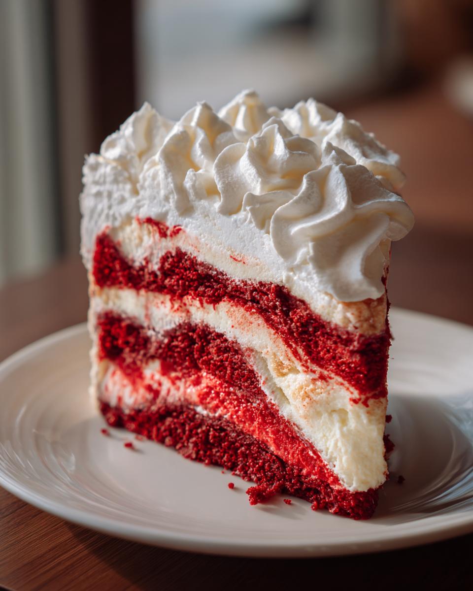 A tall slice of red velvet cheesecake layered with white cream cheese filling and topped with piped whipped cream.