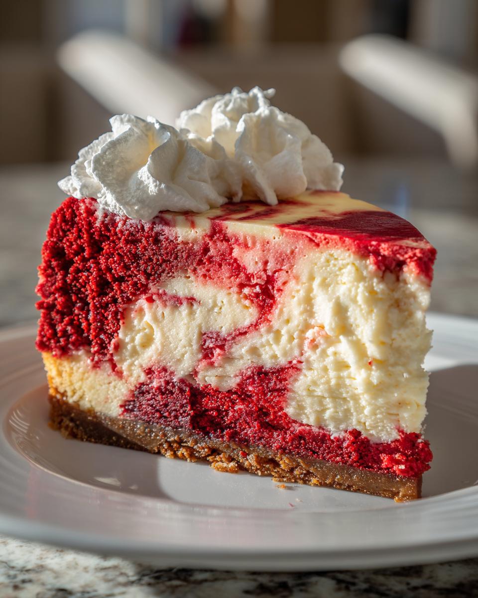 A perfect slice of amazing red velvet cheesecake showing red and white swirls, topped with whipped cream, on a white plate.