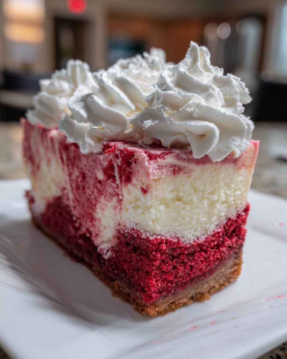 A close-up of a thick slice of amazing red velvet cheesecake topped with swirls of whipped cream.