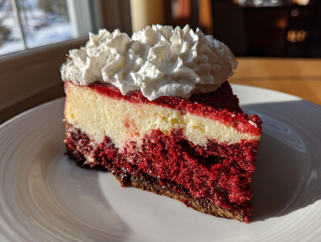 A decadent slice of red velvet cheesecake featuring a dark red base layer and a creamy white layer, topped with whipped cream.
