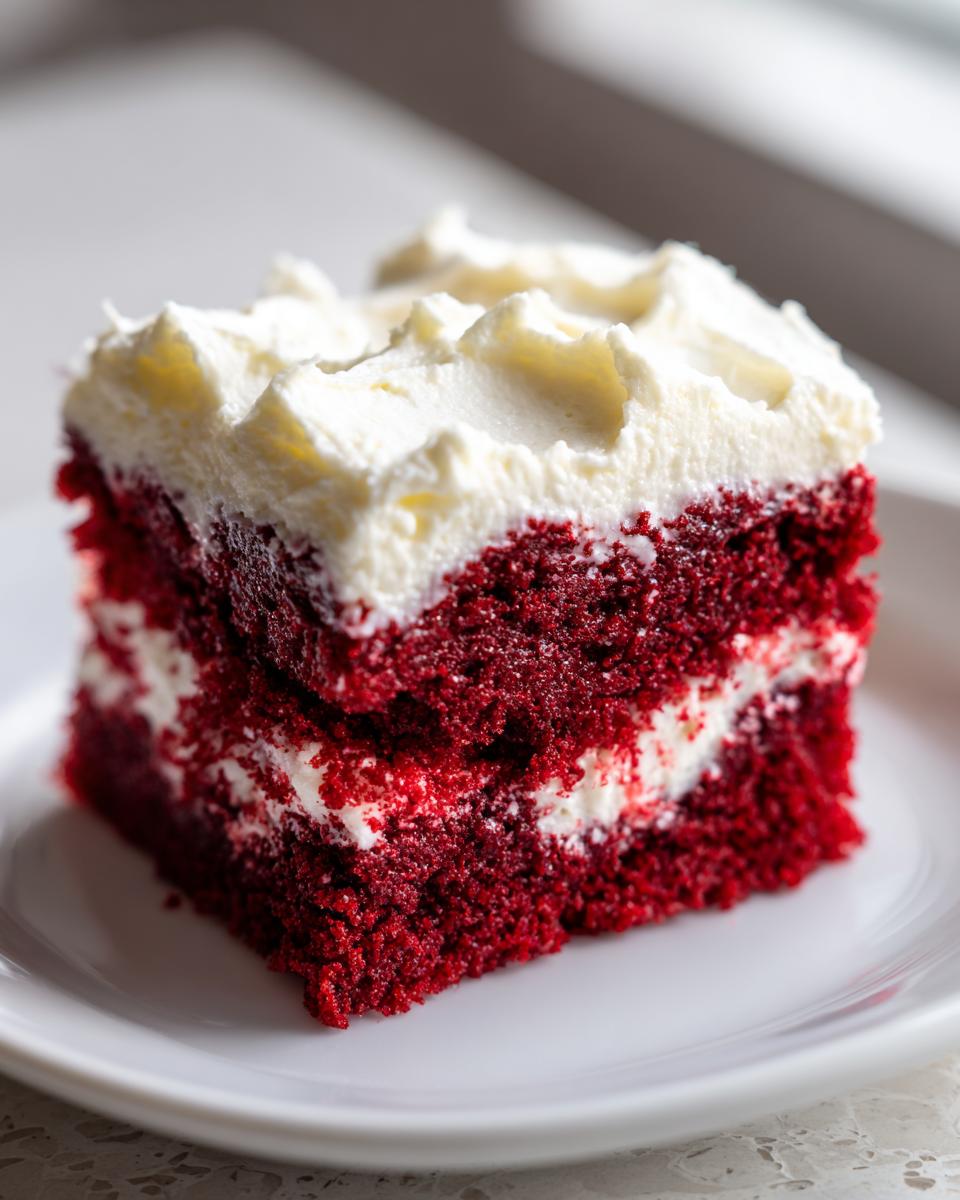 Close-up of a moist slice of red velvet poke cake layered with white frosting on a white plate.