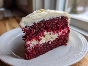 A tall, moist slice of red velvet poke cake featuring deep red layers and a white cream cheese filling/frosting.