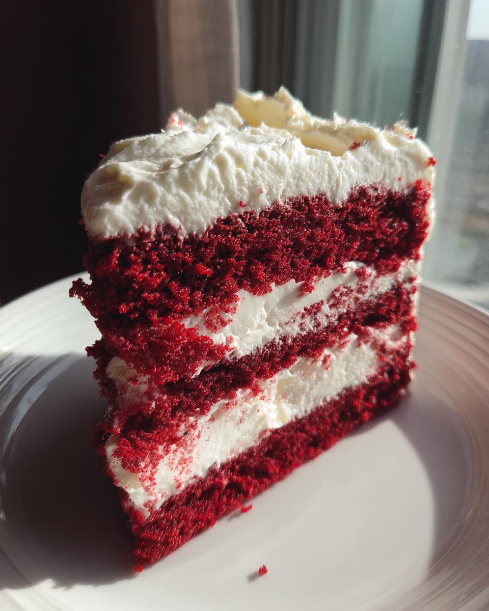 A tall, moist slice of red velvet poke cake layered with thick white cream cheese frosting, sitting on a white plate.