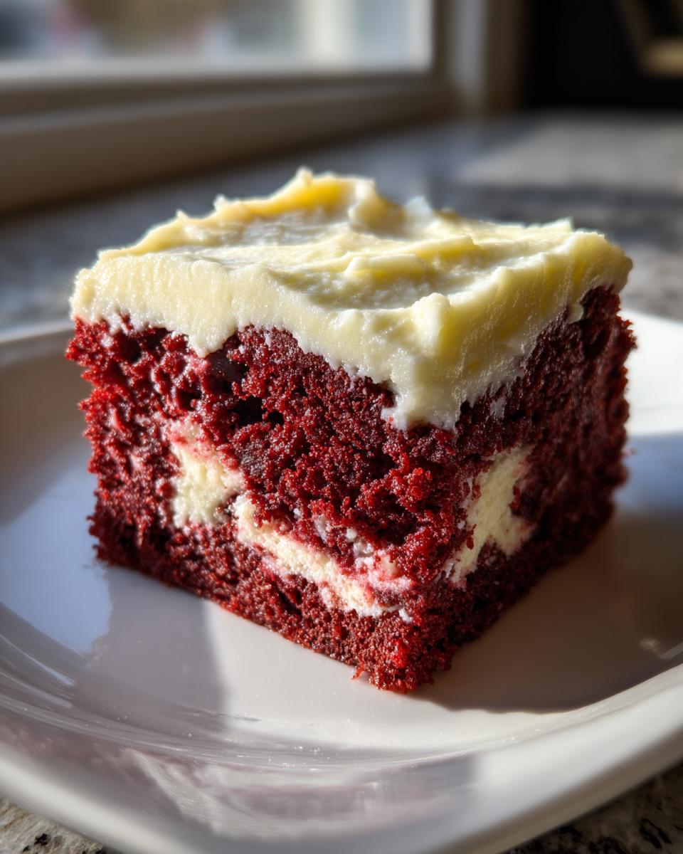 A square slice of moist red velvet poke cake with visible cream cheese filling pockets and thick cream cheese frosting on top.