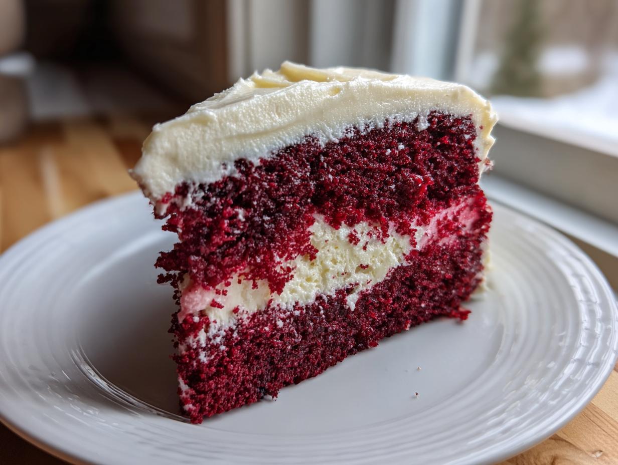 A tall, moist slice of red velvet poke cake featuring deep red layers and a white cream cheese filling/frosting.